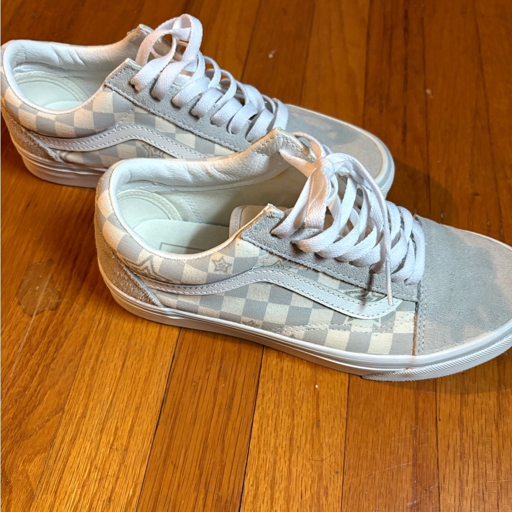 Vans Cream and Gray Checkered Sneakers
